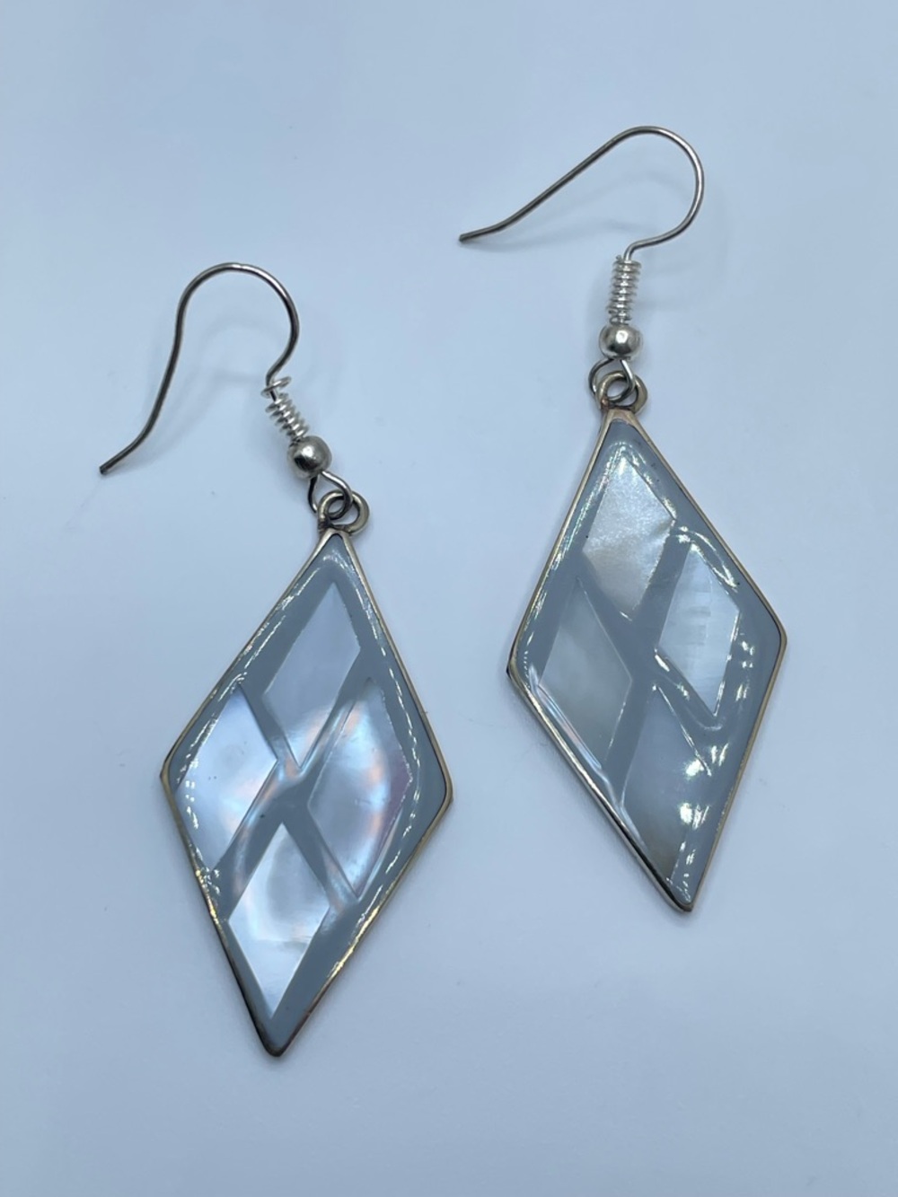 Vintage Taxco Mother of Pearl Gray Enamel Silver Diamond Earrings Southwestern